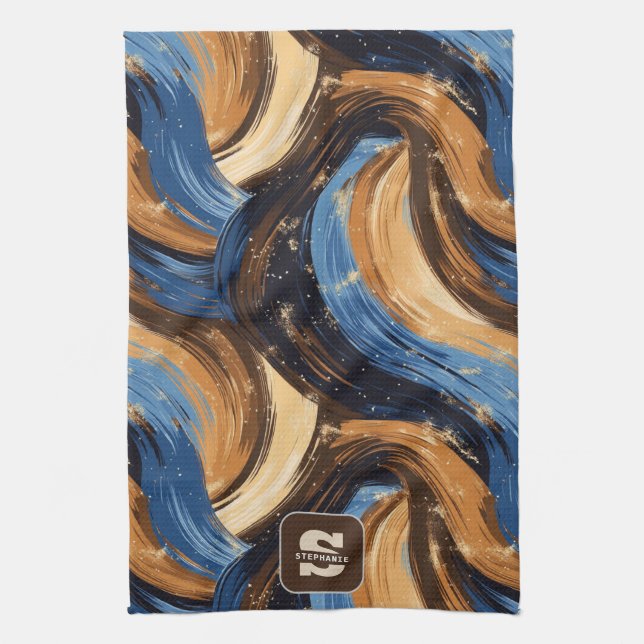 Curly Abstract Brushstrokes in Blue & Brown Tea Towel (Vertical)