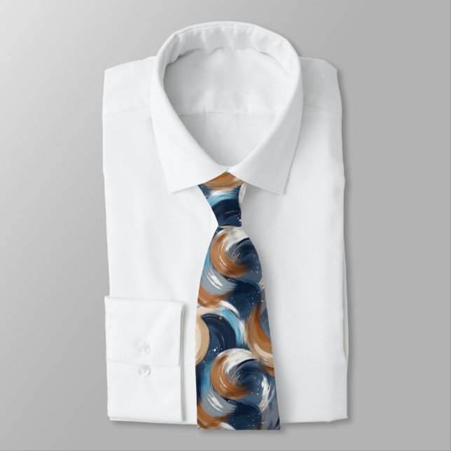 Curly Abstract Brushstrokes in Blue, White & Brown Tie (Tied)