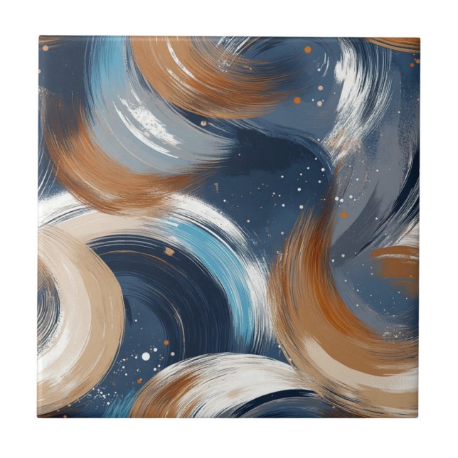 Curly Abstract Brushstrokes in Blue, White & Brown Tile (Front)