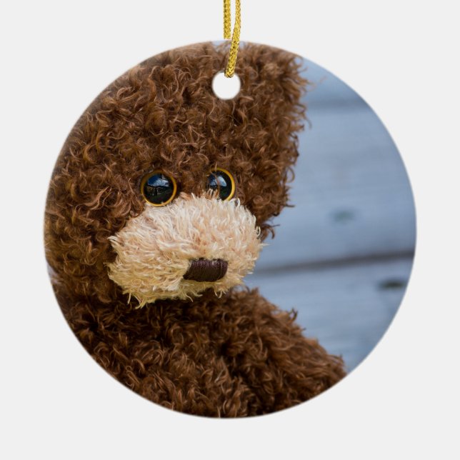 Curly Brown Teddy Bear Ceramic Tree Decoration (Front)
