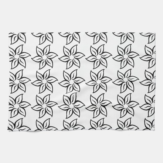 Curly Flower Pattern - Black on White Tea Towel (Horizontal)