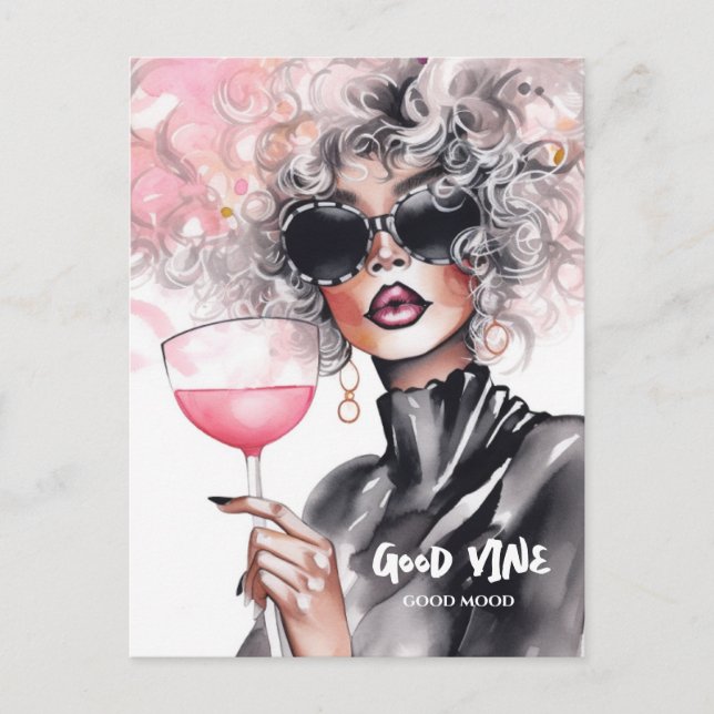 Curly girl red lips vine black dress watercolor postcard (Front)