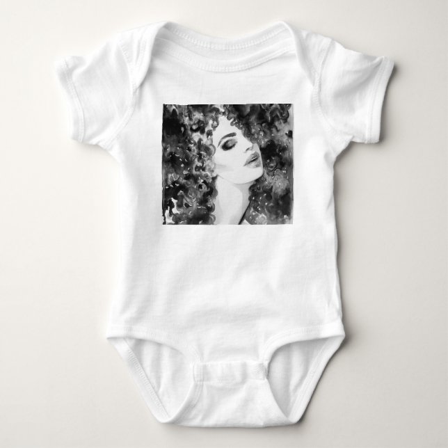 Curly Grace: Fashion Watercolor Beauty Baby Bodysuit (Front)
