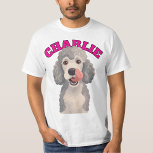 Curly Grey Poodle Dog Licking Nose Illustration T-Shirt