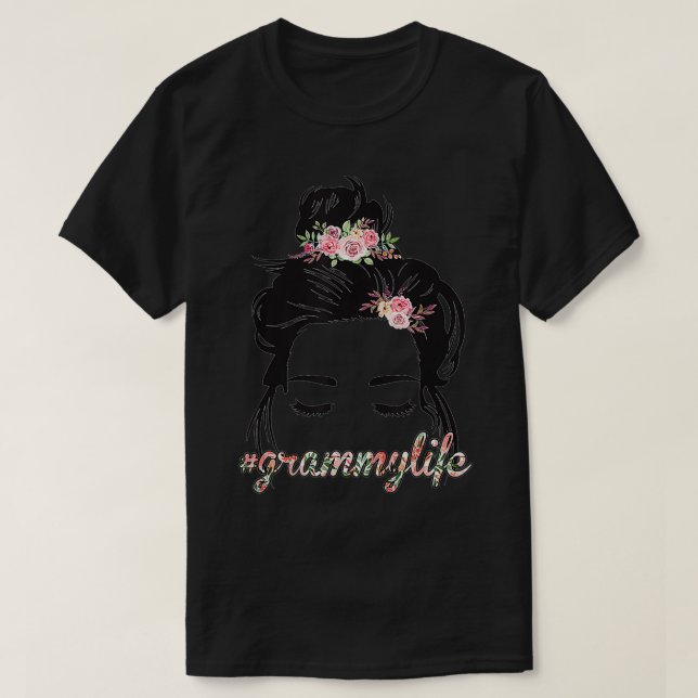 Curly Hair Messy Bun Flowers Grammy Life  T-Shirt (Design Front)