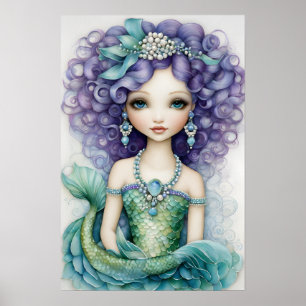Curly Haired Girl Green Mermaid Poster