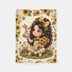 Curly Haired Girl Holding Cute Bunny In Sunflower Fleece Blanket