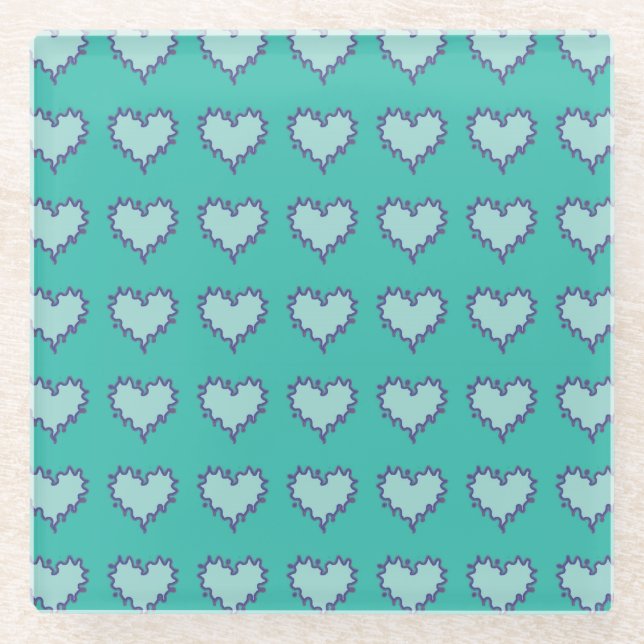 Curly Heart Blue Green Glass Drink Coaster (Front)