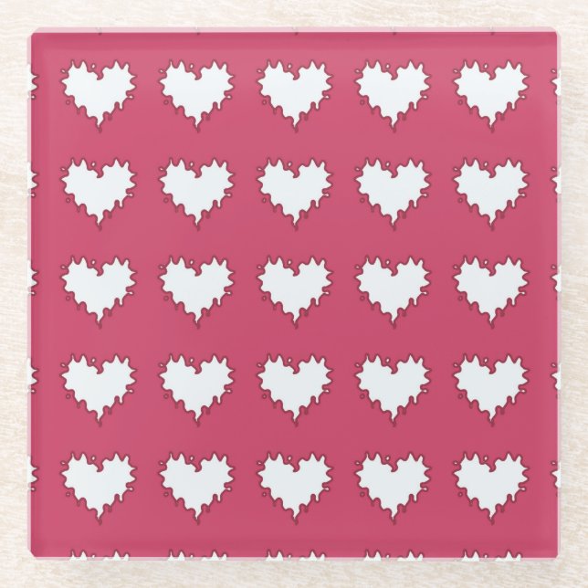 Curly Heart White on Dark Pink Glass Drink Coaster (Front)