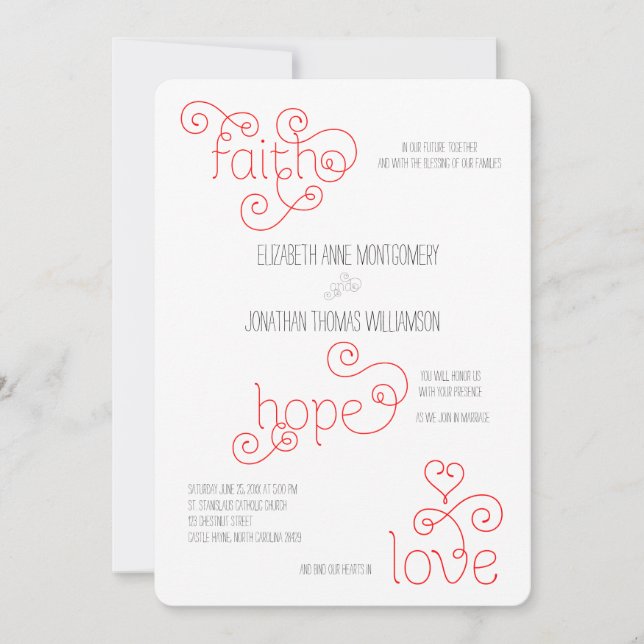 Curly Red Script Faith Hope Love Wedding Invitation (Front)