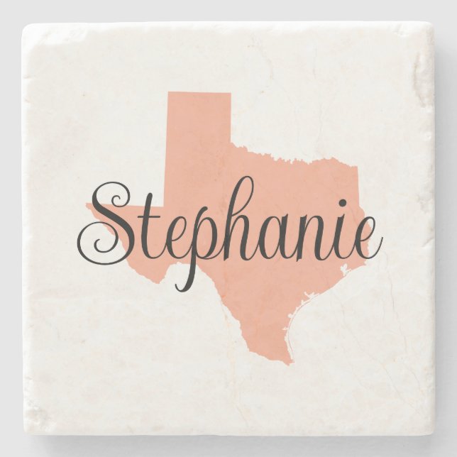 Curly Script Name Peach Texas Stone Coaster (Front)