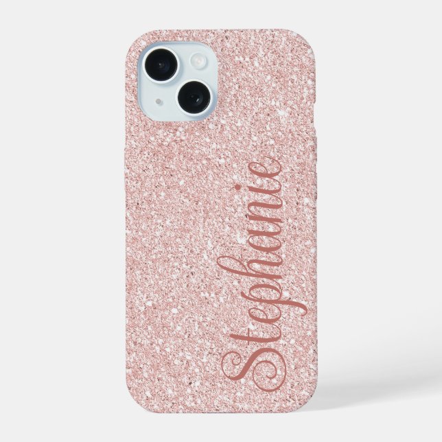Curly Script Name Rose Gold Glitter iPhone 15 Case (Back)