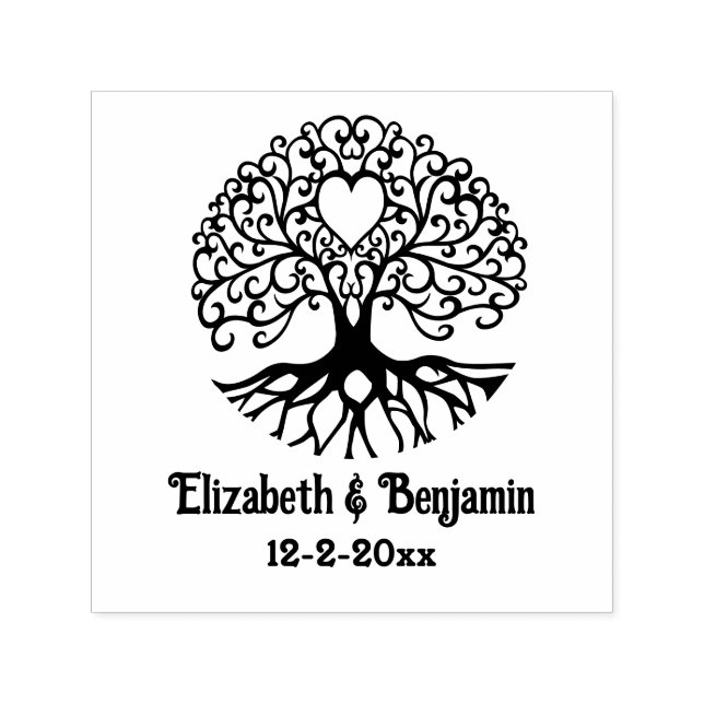 Curly Tree of Life Heart #2 Couple Names Date Self-inking Stamp (Design)
