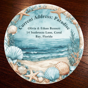 Current Address Paradise New Beach House Seashells Classic Round Sticker
