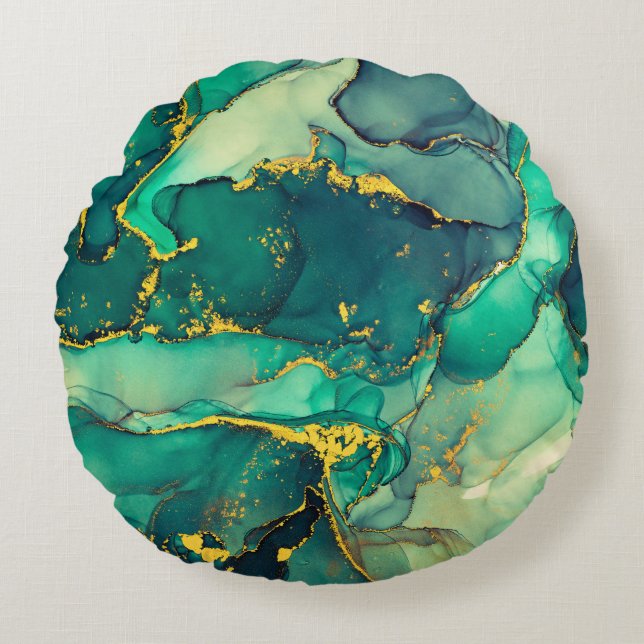Currents of translucent hues, snaking metallic swi round cushion (Front)
