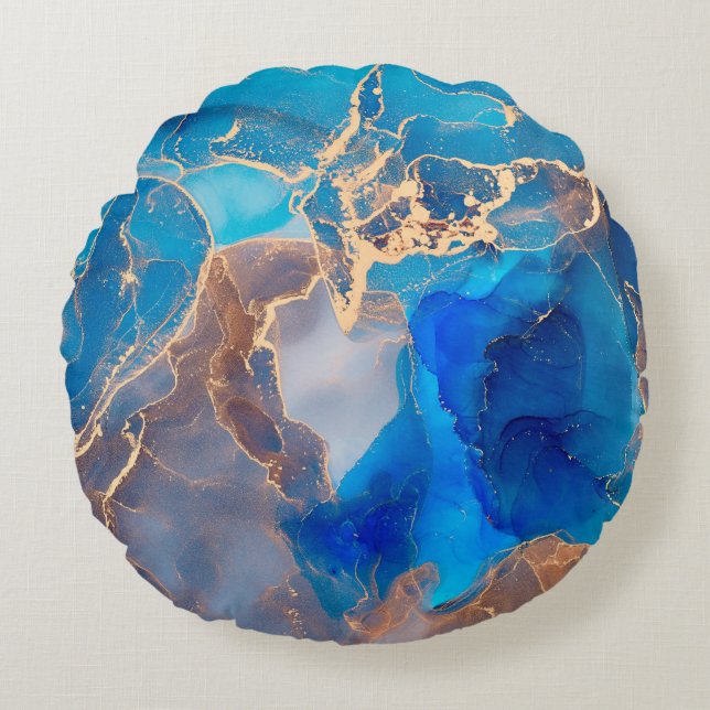 Currents of translucent hues, snaking metallic swi round cushion (Front)