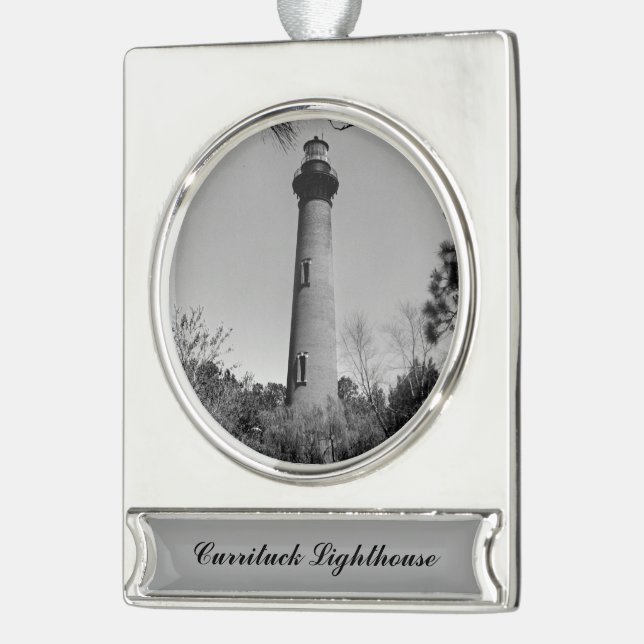 Currituck Lighthouse Silver Plated Banner Ornament (Left)