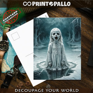 Cursed child ghost in icy winter lake postcard
