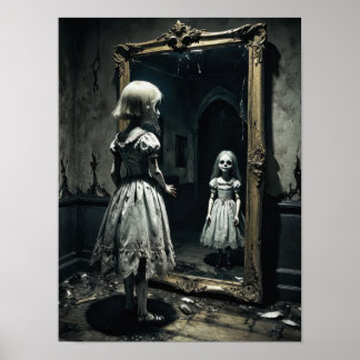 Cursed doll in horror mirror atmosphere poster