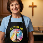 Cursillo Wood Cross With Rainbow and Clouds Apron<br><div class="desc">The striking artwork showcases a wooden cross standing on solid rock, illuminated by beams of colorful light — representing hope, grace, and the joy of living a Fourth Day life. The bold “Cursillo” lettering above the image makes this shirt a proud statement piece for devoted Cursillistas who embrace faith, fellowship,...</div>