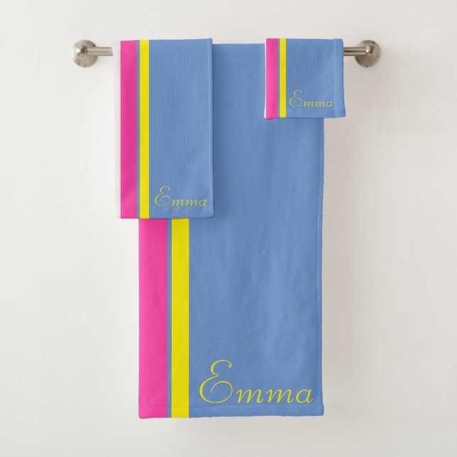 Cursive Blue Yellow And Hot Pink Striped  Bath Towel Set (Insitu)