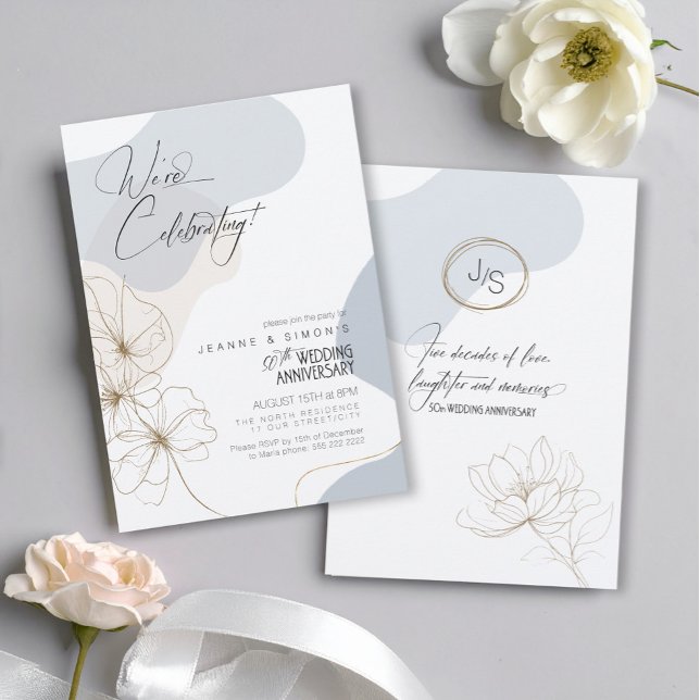 Cursive Floral 50th Anniversary Dusty Blue ID1168 Invitation (Creator Uploaded)