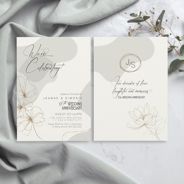 Cursive Floral 50th Anniversary Neutrals ID1168 Invitation (Creator Uploaded)