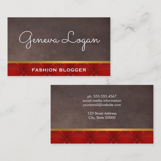 Cursive Font | Brown Texture Red Upholstered Business Card (Front/Back)
