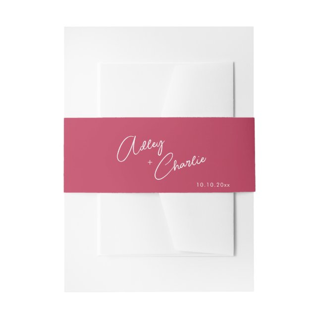 Cursive Font Viva Magenta and Black Wedding Invitation Belly Band (Front Example)