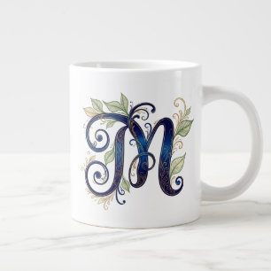 Cursive M – Elegant Blue & Gold Monogram Large Coffee Mug