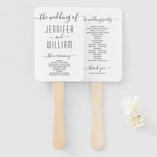 Cursive script calligraphy wedding program hand fan (Front and Back)