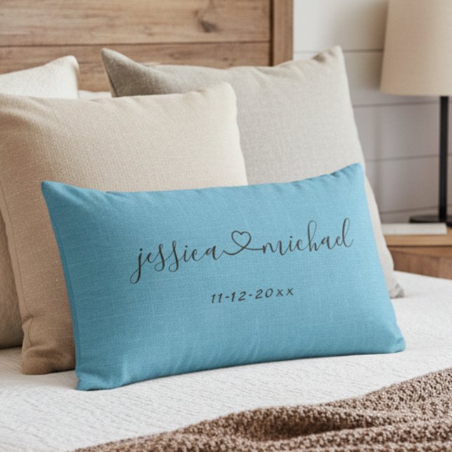 Cursive Script Heart Names Wedding Date Sky Blue Lumbar Cushion (Connected by heart romantic blue pillow for newlyweds!)