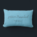 Cursive Script Heart Names Wedding Date Sky Blue Lumbar Cushion<br><div class="desc">Beautiful personalised sky blue wedding gift pillow. Cursive script names connected with a heart and a date. Personalise by replacing the sample names Jessica and Michael and sample date with custom names and a date that is significant for the couple. Celebrate couple's love with this beautiful personalised pillow. Sky blue...</div>