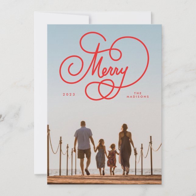 Cursive Script Merry Flourish Full Photo Holiday Card (Front)