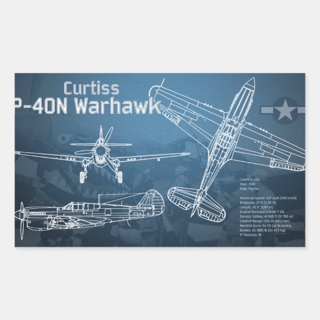 Curtiss P-40 Warhawk Blueprint Rectangular Sticker (Front)