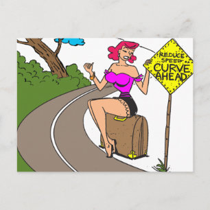 Curve Ahead, Pretty Woman Hitchiking, Funny Postcard