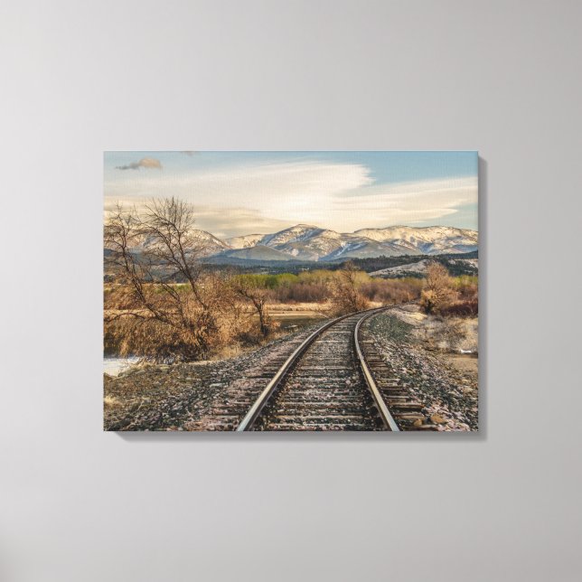 Curve in the Tracks - Railroad Tracks - Mountains Canvas Print (Front)