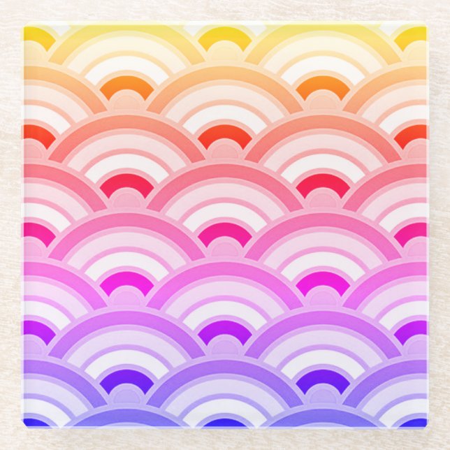 Curve Pattern Modern Deco Rainbow Pattern Glass Coaster (Front)