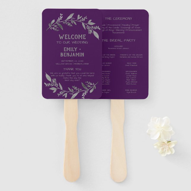 Curved Branches | Silver Wedding Program Hand Fan (Front and Back)