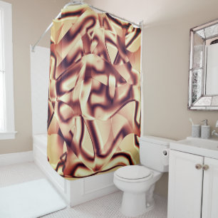 Curved brownish red or burgundy shapes, beige tone shower curtain