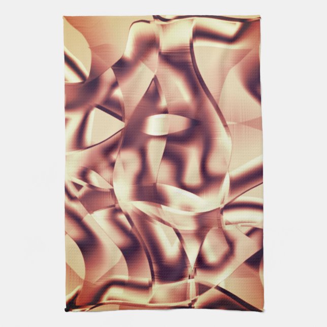 Curved brownish red or burgundy shapes, beige tone tea towel (Vertical)