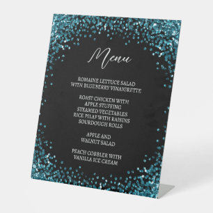 Curved Dark Teal Glitter Black Menu Pedestal Sign