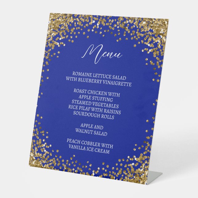 Curved Gold Glitter Royal Blue Menu Pedestal Sign (Front)