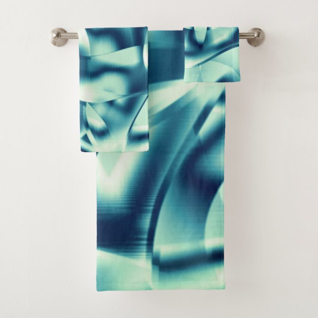 Curved greenish blue shapes, showy cyan tones bath towel set (Insitu)