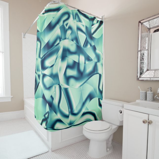 Curved greenish blue shapes, showy cyan tones shower curtain (In Situ)