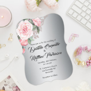 Curved Pink Rose Silver Elegance Wedding  Invitation