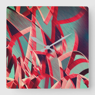 Curved red ribbons over bluish grey, drizzled  square wall clock