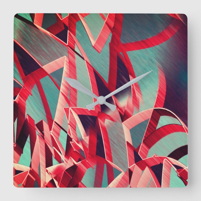 Curved red ribbons over bluish grey, drizzled  square wall clock (Front)