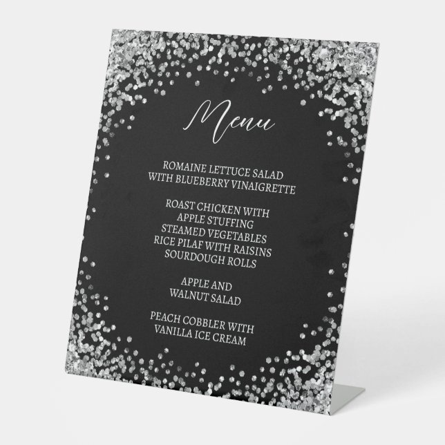 Curved Silver Glitter Black Menu Pedestal Sign (Front)