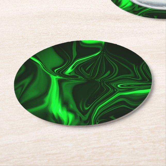 Curves and folds green nickeled on dark background round paper coaster (Angled)